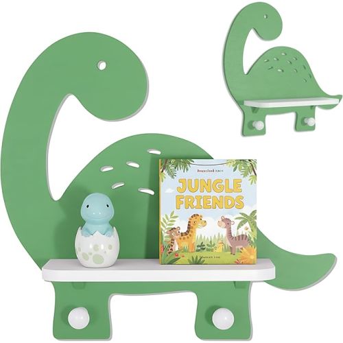 Dinosaur Wall Shelf for Kids – Dinosaur Room Decor for Boys, 3 Styles Wooden Cute Dino Wall Decor with Hooks, Nursery & Toddler Boy's Room Display