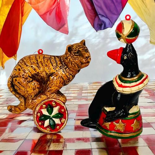 Vintage Christmas Black Circus Seal Lion Cat Kurt Adler 1991 Plastic Ornaments