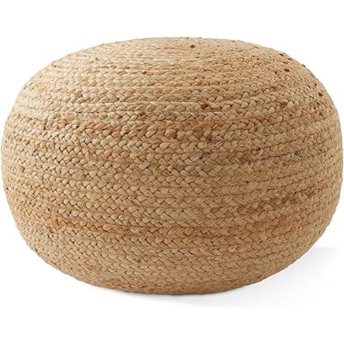 Casafield Hand-Braided Jute Pouf Ottoman Footrest, 18" W x 18" D x 10-1/2" H - Round, Natural Woven Boho Floor Cushion, Home Decor for Living Room