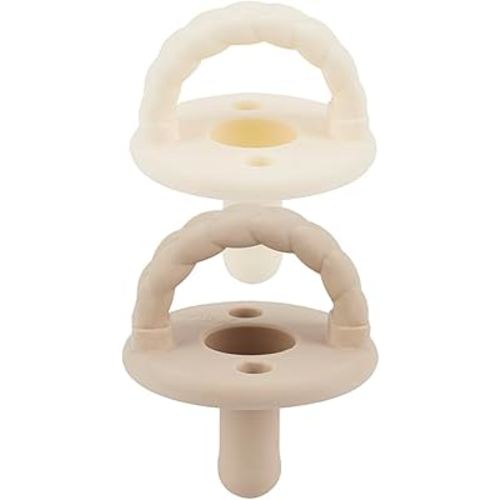Itzy Ritzy Silicone Pacifiers for Ages 6-18 Months - Itzy Soother Pacifiers Feature Collapsible Handle & Two Air Holes for Added Safety; Set of 2 in Toast & Buttercream, Ages 6-18 Months