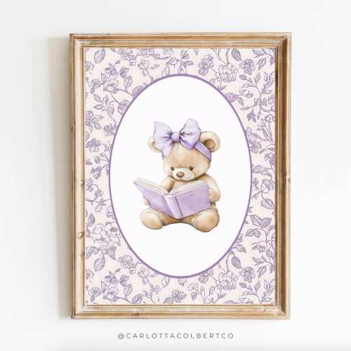 Lavender Nursery Floral Bear Purple Nursery Wall Art Grandmillennial Nursery Bear Poster Vintage Lavender Teddy Bear Girl Room Book Lover