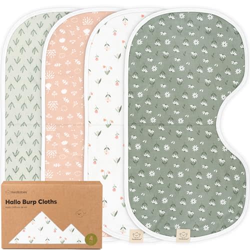 KeaBabies 4-Pack Baby Burp Cloths Baby Girl, Boy - Organic Cotton Burp Cloth, Extra Large, Absorbent, Soft Burping Cloths & Bibs Set for Babies, Newborn Burp Clothes, Thick Burp Rags (Fleur)