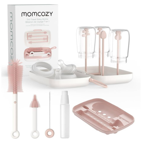 Momcozy Baby Bottle Brush Set, Cleaner Kit with Silicone Nipple Straw Brush, Soap Dispenser, Drying Rack - 7 in 1 Bottle Cleaning Tool for Home and Travel, Pink