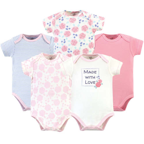 Touched by Nature Baby Girl Organic Cotton Bodysuits 5 Pack, Pink Rose 69 Months