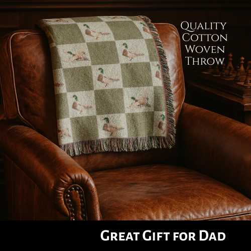 Woven Blanket, Mallard Duck Dad Gift, Earth Tone Checkered Blanket for Him, Unique Guy Present, Flight Standing Ducks Decor, Father's Day