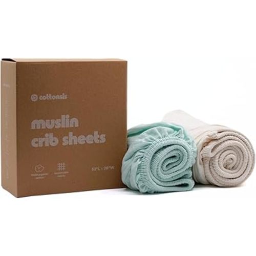 Muslin Crib Sheets –Oeko-TEX® Certified Organic Turkish Cotton Fitted Sheets for Baby Crib, Boys & Girls, Soft & Breathable, 2 Pack Toddler Bed Sheets 52x28, Vanilla Ice Cream & Minty Green