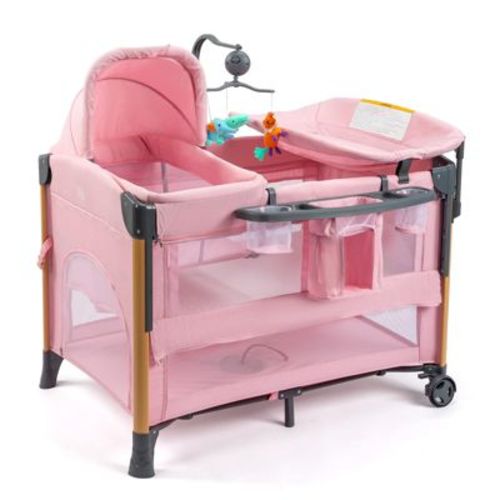 JOYMOR 7 in 1 Bedside Bassinet with Changing Table, All in One Nursery Center, Bedside Sleeper with Mattress, Sheet, Canopy pink