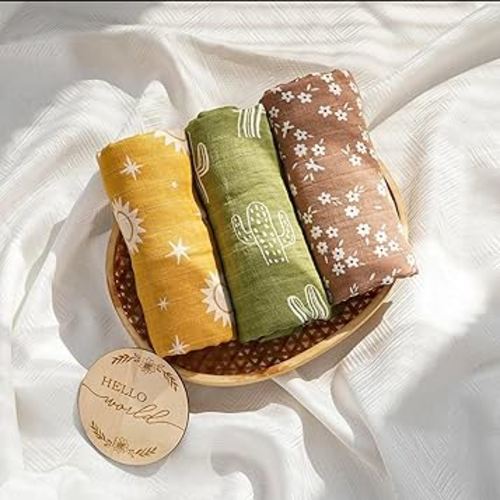 Baby Blanket 2 Layer Bamboo Cotton Baby Muslin Receiving Blanket Swaddle Wrap - Solid Color Printing, Breathable & Soft"" (Green Yellow Pink, Animal Print, Sun and Stars Print, Cactus Print)