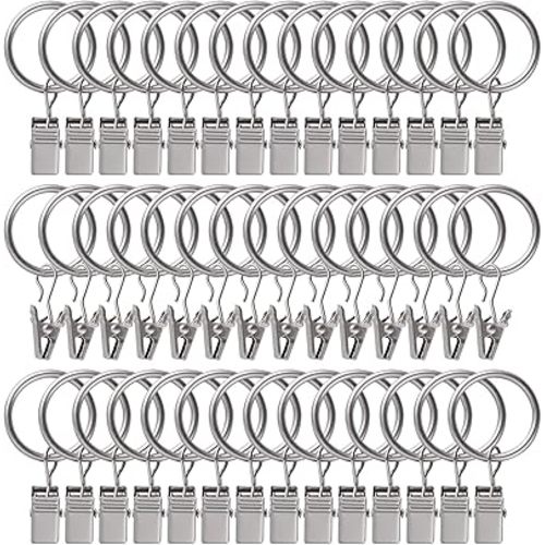 Curtain Rings with Clips Hooks, 100Pcs 1.26 inch Metal Stainless Steel Drapery Rings Hanger Clips for Tension Rod Bracket Eyelets Decorative Hangers, Matte Silver (1.26" Interior Diameter)