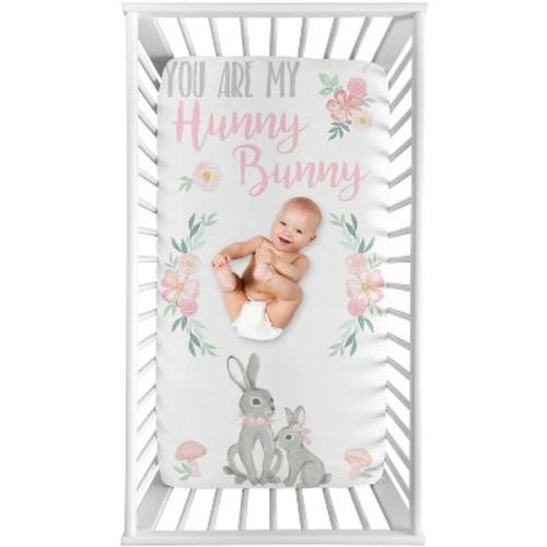 Sweet Jojo Designs Girl Photo Op Fitted Crib Sheet Bunny Floral Pink And Grey