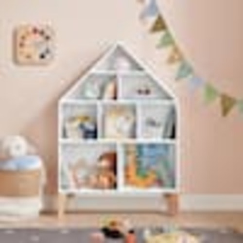 DANYA B Steiner 31.5 in. Bookcase White Dollhouse 8-Compartment Kids Book Toy Figure Display Unit Freestanding with Beech Legs XF24118WH
