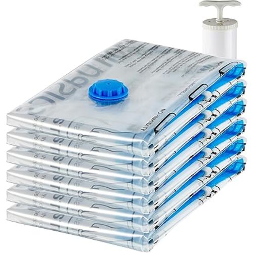 Amazon Basics Vacuum Compression Space Saving Storage Bags with Hand Pump for Clothes Packing, Jumbo, Clear, Pack of 6