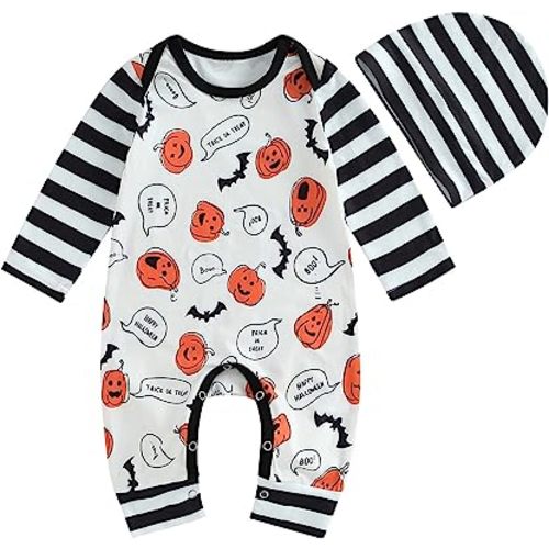 Ledy Champswiin 2Pcs Neutral Outfits Newborn Baby Boy Girl Pumpkin Romper Jumpsuit My 1st Halloween Clothes with Hat