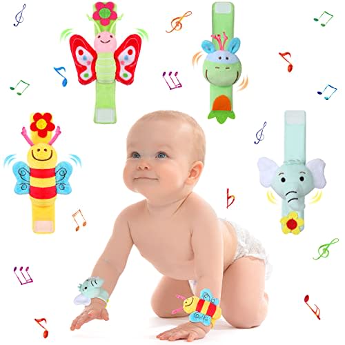Jerify 4 Pcs Baby Wrist Rattles Animal Pattern Newborn Rattle Wrist Foot Toy for Babies Boy Girl Infant Birthday Gifts Educational Toys, 4 Designs
