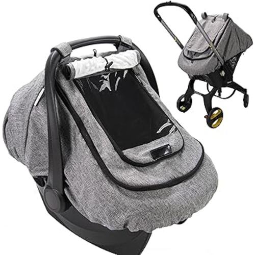 Waterproof Car Seat Cover for Baby, 2-Layer Car Seat Rain Cover with Clear Window & Sunshade & Mesh Cover, Universal Infant Carseat Canopy for Stroller, Protect from Rain and Snow - Gray