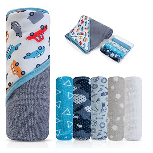 MODERN BABY Hooded Baby Bath Towel Set with 5 Washcloths