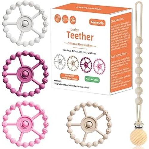 5 Pack Stylish Silicone Baby Teething Toys: 4 Teething Rings and Extra Silicone Clip, Teething Rings for Babies 0-6 Months 6-12 Months, Toddler Teether, Baby Essentials Girl, Infant Teething Relief