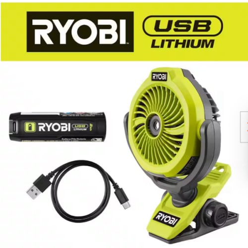 RYOBI USB Lithium Cordless Misting Clamp Fan Kit with USB Lithium 2Ah Battery and Charging Cable FVF55K