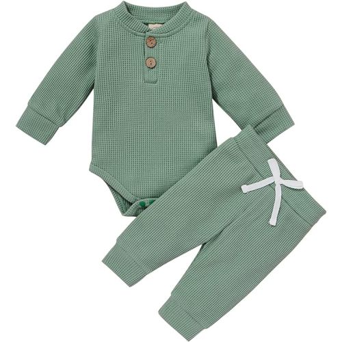 Newborn Baby Boy Girl Clothes Ribbed Knitted Cotton Long Sleeve Romper Long Pants Solid Color Fall Winter Outfits - B-waffle Green - 0-3 Months