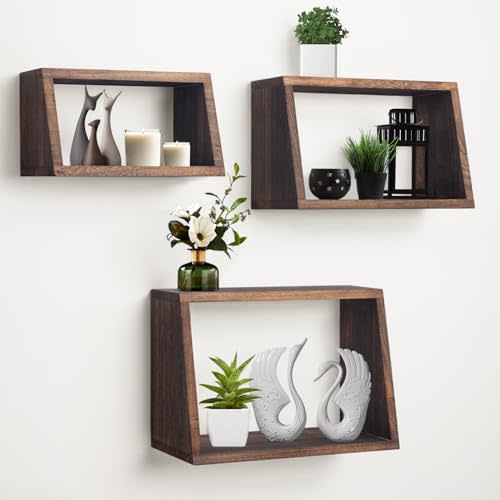 idee-home Bathroom Floating Shelves for Wall, Wood Farmhouse Decorative Wall Mounted Hanging Shelves for Kitchen Bedroom Living Room, Rustic Brown, Set of 3
