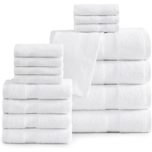 LANE LINEN 16 Piece Bath Towels Set - Luxury Bath Towels, 100% Cotton Towels for Bathroom, Highly Absorbent Shower Towels, 4 Bath Towels, 4 Hand Towels and 8 Washcloths Sets- White