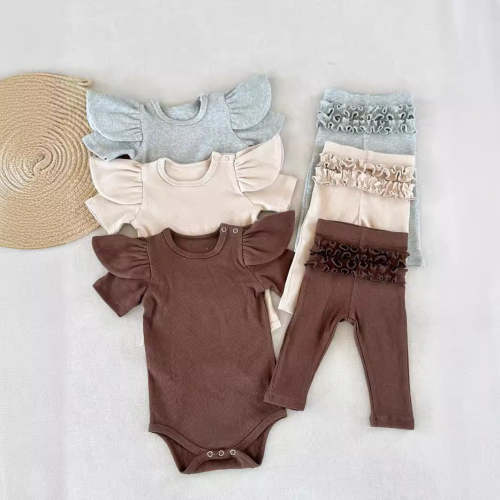 Ribbed Cotton Flutter Sleeve Bodysuit and Ruffle Bum Leggings Set