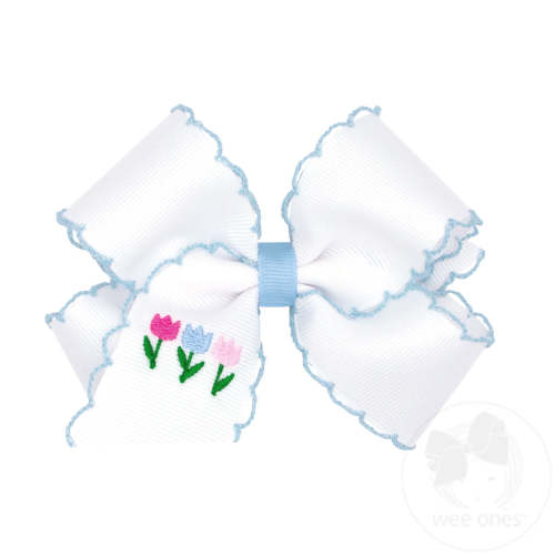 Medium Grosgrain Bows with Moonstitch Edge and Tulip Embroidery - TULIP | Wee Ones Hair Bows & Accessories