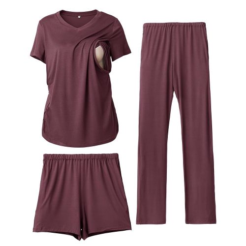 Rnxrbb 3 Piece Women's Maternity Nursing Pajamas Set V Neck Breastfeeding Pjs Sleepwear Postpartum Shorts&Pants Pockets