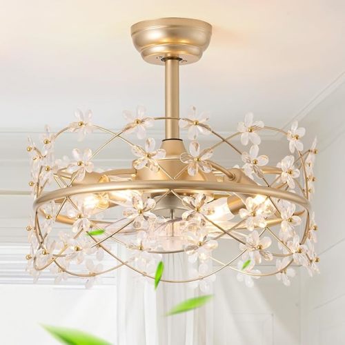 20 Inch Gold Caged Ceiling Fan with Light, Flower Chandelier Ceiling Fan with Lights Remote Control, Modern Crystal Fandelier 6 Speeds for Girl's Bedroom, Living Room