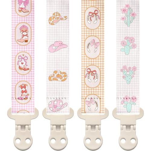 Stadela Baby Fabric Pacifier Clip Holder, Plastic Clip, 4‑Pack, Western Pattern, Jolene Set
