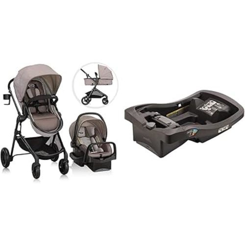 Evenflo Pivot Modular Travel System with LiteMax Infant Car Seat with Anti-Rebound Bar (Desert Tan) and Evenflo LiteMax Infant Car Seat Base, Black