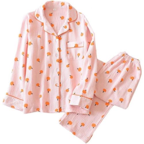 codcm Womens Cotton Gauze Pajama Set Long Sleeve Button Up Shirt and Pants 2 Piece Cute Printed Pj Set