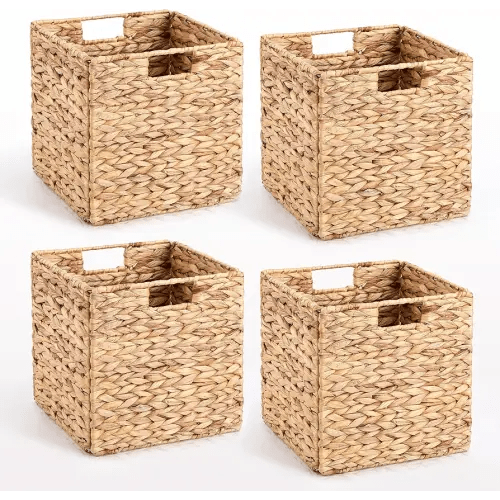 10.5 x 10.5in Wicker Storage Baskets, Cube Foldable Water Hyacinth Storage Baskets for 11 x 11 Cube Shelves Set of 4