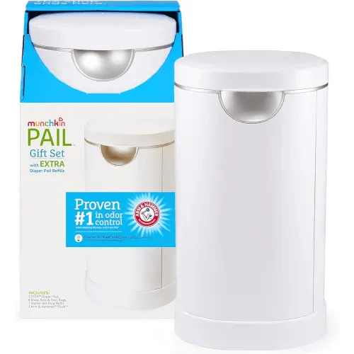 Munchkin® PAIL™ Diaper Pail Baby Registry Starter Set, Powered by Arm & Hammer, Includes 6 Snap, Seal and Toss™ Bags, 1 Starter Refill Ring, and 1 PUCK™ Baking Soda Cartridge