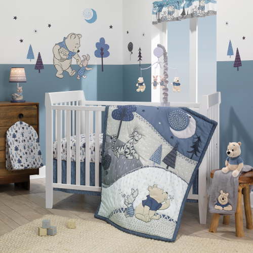 Lambs & Ivy Disney Baby Forever Pooh Blue 3-Piece Nursery Bedding Set with Winnie Themed Sheet
