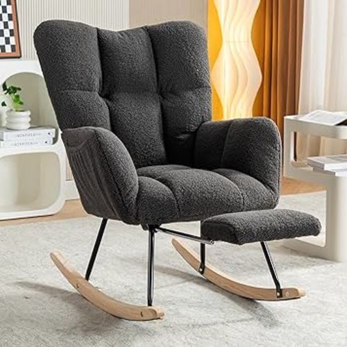 NIOIIKIT Nursery Rocking Chair, Teddy Upholstered Glider Chair with Adjustable Footrest, Padded Recliner Chair with High Backrest, Rocker Recliner Chair, Reading Chair for Nursery (Dark Gray)