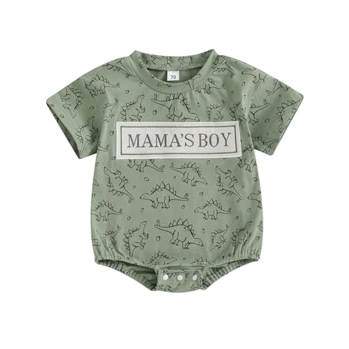 Lamuusaa Newborn Baby Boy Summer Clothes Short Sleeve ''Mama's Boy'' Letter Print Romper Dinosaur Bodysuit Shirts 0-18M