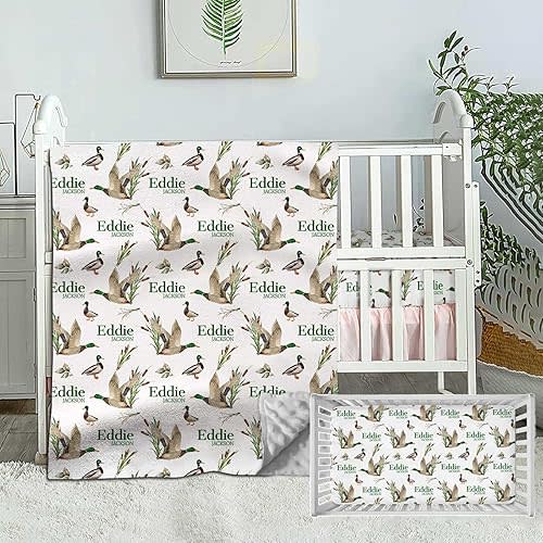 Personalized Crib Bedding Set for Boys & Girls, Custom Wild Ducks Baby Nursery Bedding with Name, 2 Piece Set, Name Crib Comforter, Fitted Sheets