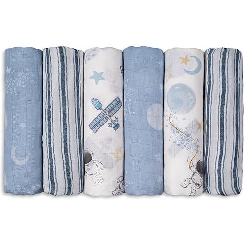 GLLQUEN BABY Receiving Blanket Boy Cotton Muslin Swaddle Blankets Girl Newborn Squares Breathable & Soft Thin Baby Blankets Cloths Double Absorbent Infant Swaddling Wrap - 6 Pack (Astronaut)