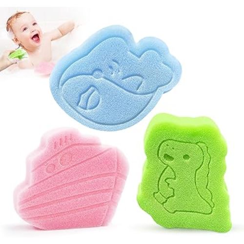 Baby Bath Sponge, Natural Cute Shapes Soft Shower Sponges for Bathing, Bathtub Foam for Infants and Toddler, 3pcs : Blue Whale, Pink Ship, Green Dinosaur