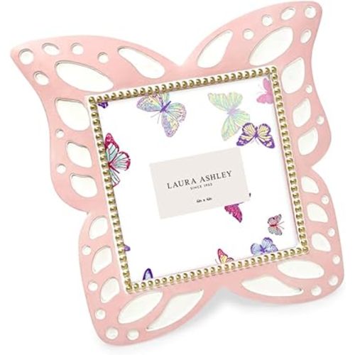 Laura Ashley 4x4 Pink Resin Butterfly Picture Frame with Dotted Edges, Photo Frame with Black Fabric Easel, Made for Tabletop & Wall-Hanging Display (4x4, Pink)