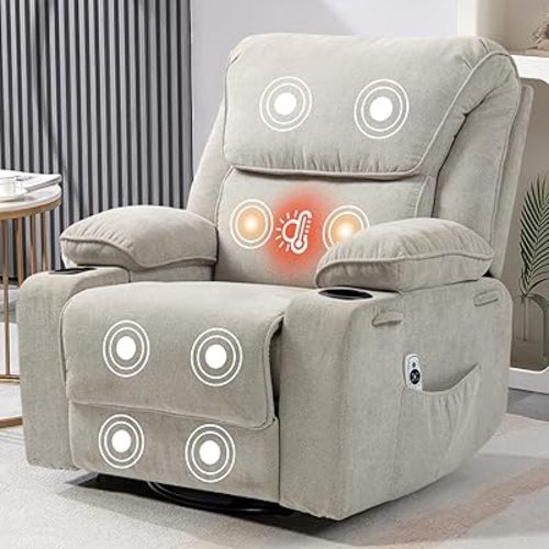 Rocker Recliner Chair with Massage and Heated, 360°Swivel Rocking Manual Recliner Chairs with Cup Holders Remote Control for Living Room (Gray Oatmeal)