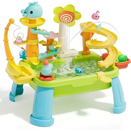Upgraded 4-in-1 Sand Water Table for Toddlers 1-3, Kids Sensory Table with Electric Water Pump & Sun Flower Faucet, Play Kitchen Sink with Food Accessories, Fishing Toy ‒ Adjustable Height