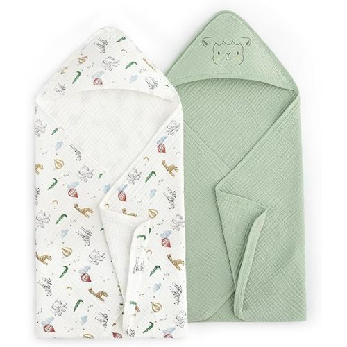 David's Kids 2 Pack Hooded Baby Towels, Large 32"x32", 6 Layer 100% Muslin Cotton Highly Absorbent Boy Girl Bath Towel for Newborn, Infant, Toddler, Ultra Soft and Breathable Baby Essentials, Animals