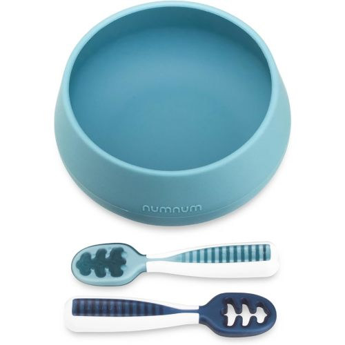 NumNum Suction Bowl + Pre-Spoon GOOtensils Self Feeding Set for Babies & Toddlers | Baby Spoon Set (Stage 1+ 2) | 100% Food Grade Silicone BPA-Free | Strong Suction | 4 months+ (Blue/Navy)