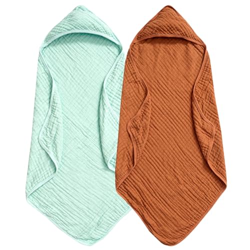 PHF 2 Pack Baby Hooded Towels, 100% Muslin Cotton Baby Bath Towel with Hood for Newborn, Infant, Toddler, Ultra Soft and Absorbent Baby Essentials Bath Towels for Boys Girls, 32x32Inch, Green & Brown