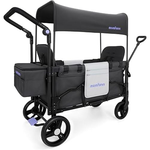 Double-Seater Baby Wagon with Canopy, Push Pull Stroller with Adjustable Handle, Wagon Stroller for 2 Kids & Outdoor Adventures (Dark Grey)