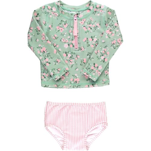 RuffleButts® Baby/Toddler Girls Long Sleeve Rash Guard 2 Piece Swimsuit Set w/UPF 50+ Sun Protection with Zipper