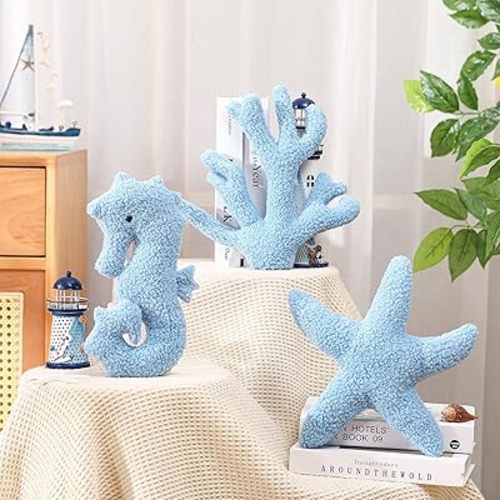 Suzile 3 Pcs Blue Starfish Coral Sea Horse Pillows 11.8 Inch Ocean Themed Decorative Throw Pillows for Sofa Bed Couch Stuffed Beach Marine Organism Shaped Cute Coastal Decor Cushion for Bedroom
