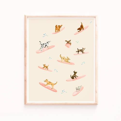 Dogs Surfing Print, Surf Wall Art, Dog Lover Gifts, Bedroom Prints, Bathroom Decor, Dogs Illustration, Beige Prints, Ocean Dogs